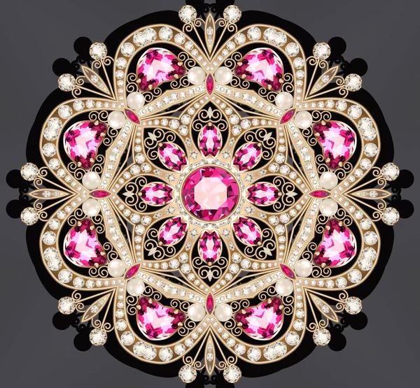 Resimde altın takı broş yakut ve inci ile