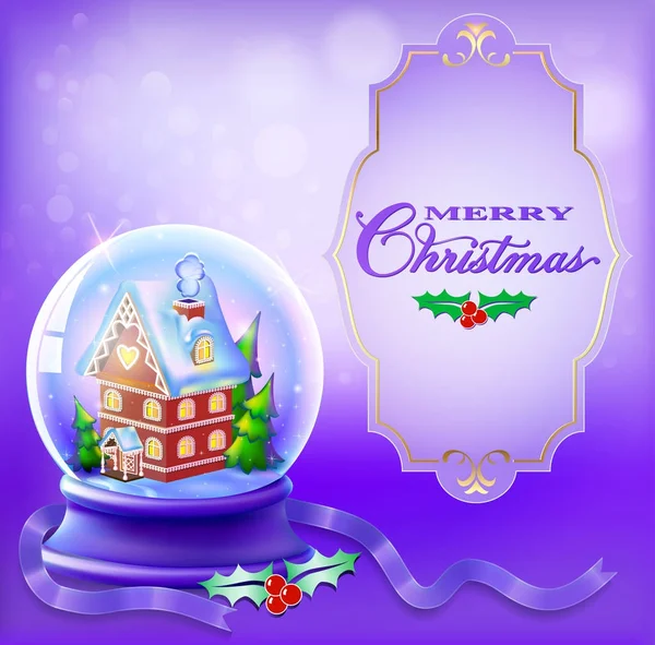 Ilustración Navidad Bola de nieve con una casa y árboles — Vector de stock