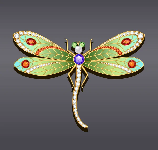 Ilustración de un broche de libélula de oro con precioso st — Vector de stock
