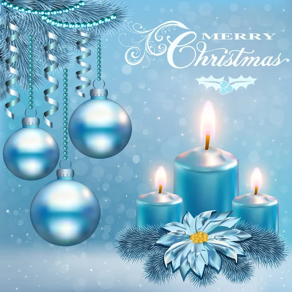Ilustración de una tarjeta de Navidad con bolas de velas y un flowe — Vector de stock