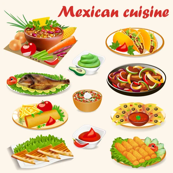 Illustration of a set of Mexican cuisine dishes with soup, dorad — Stock Vector