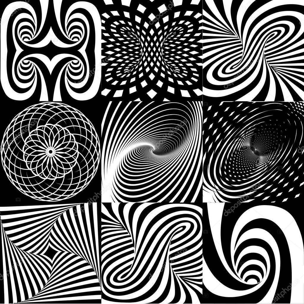 Illustration set of geometric optical black and white illusions