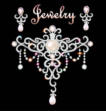 Resimde takı broş ve değerli taşlar ile küpe