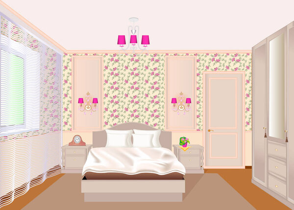 Illustration of a bedroom interior with light floral wallpaper, 