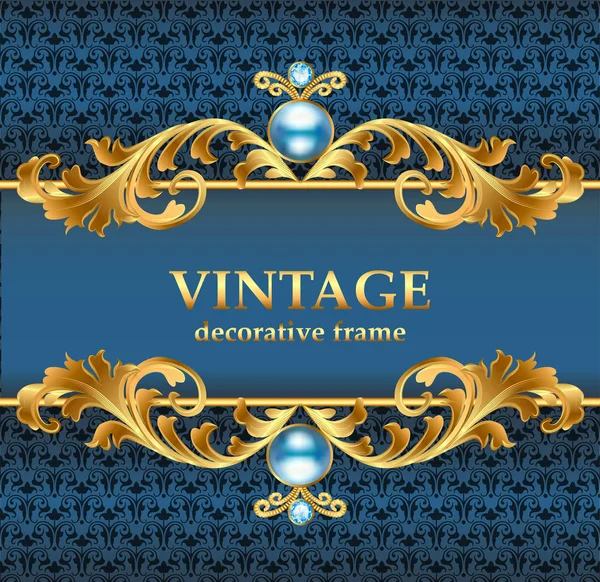 Vintage gold frame on a blue, vector jewelry background — Stock Vector