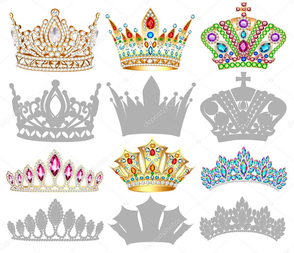 set of golden crown illustrations, tiara, diadem and silhouettes