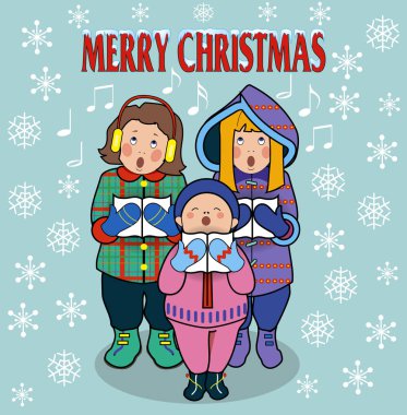 İskandinav usulü kartpostal. Çocuklar kar yağarken Noel şarkıları söyler.
