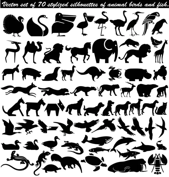 Conjunto Vectorial Siluetas Estilizadas Aves Peces Animales — Archivo Imágenes Vectoriales