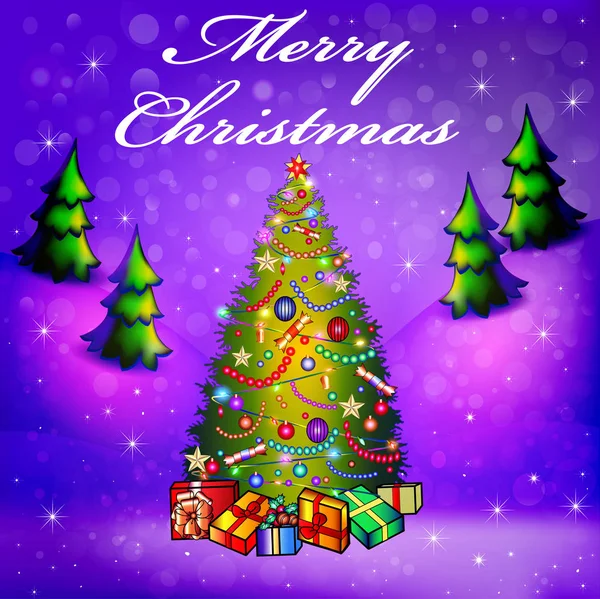 Εικονογράφηση Ευχετήρια Κάρτα Διακοσμημένο Χριστουγεννιάτικο Δέντρο Και Δώρα — Διανυσματικό Αρχείο