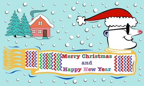 Cartão Saudação Ilustração Com Casa Árvores Natal Santa Com Cachecol — Vetor de Stock