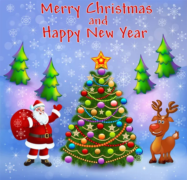 Carte Vœux Illustrée Avec Sapins Noël Père Noël Avec Cadeaux — Image vectorielle