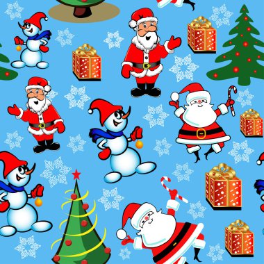 Noel ağaçları, hediyeler, kar taneleri, dans eden Noel Baba ve Kardan Adam 'ın kusursuz çizimleri..