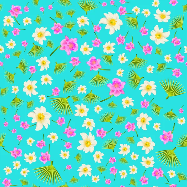 エキゾチックな花や葉を持つカラフルなシームレスな背景のイラスト — ストックベクタ