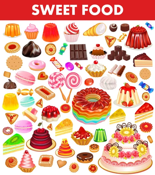 Illustratieset Van Zoet Eten Met Cake Koekjes Gelei Donuts Chocolade — Stockvector