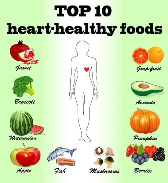 イラスト心臓の健康のための最高の食品 適切な栄養と健康的なライフスタイルをテーマにしたベクトルインフォグラフィック 適切な心臓機能のための食事療法 — ストックベクタ