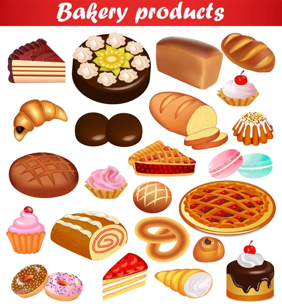 Ілюстрація Набору Випічки Хлібом Хлібом Пирогом Тортами Пончиками Круасанами — стоковий вектор