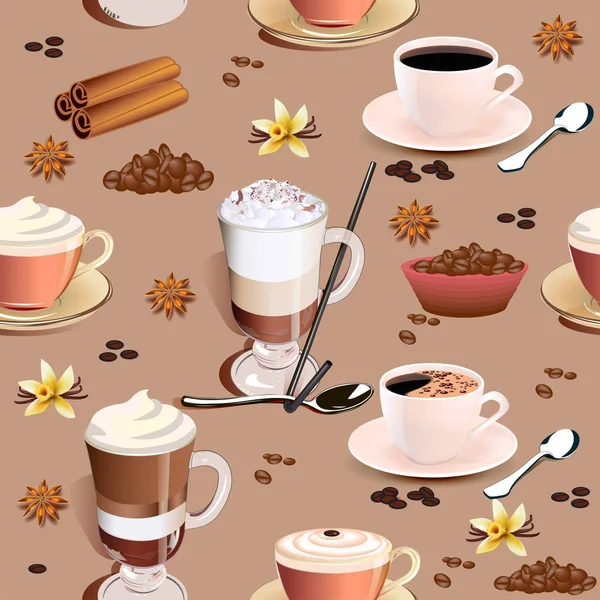Illustration Seamless Pattern Coffee Mugs Vanilla Flowers — Stock Vector