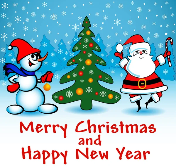 Иллюстрация Merry Christmas Card Snowman Christmas Tree Santa — стоковый вектор