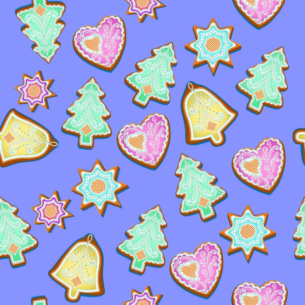 クリスマスのジンジャーブレッドとイラストのシームレスなパターンクリスマスツリー 心と星 — ストックベクタ