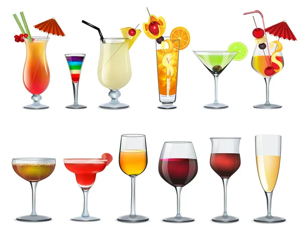 Illustration Set Different Bar Glasses Wine Different Cocktails Decorated Fruit — Stock Vector