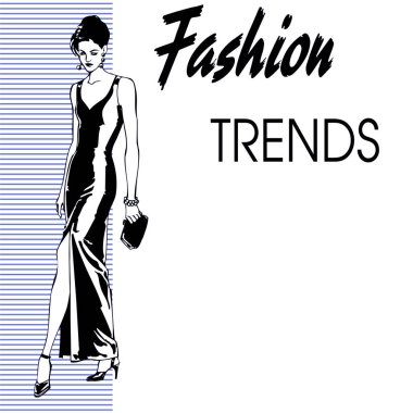 Şık bir gece elbisesi giymiş aptal bir kızın moda trendlerinin illüstrasyon posteri..