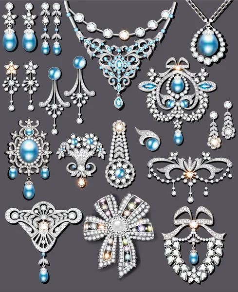 Illustration Ensemble Bijoux Argent Pierres Précieuses Broche Boucles Oreilles Collier — Image vectorielle