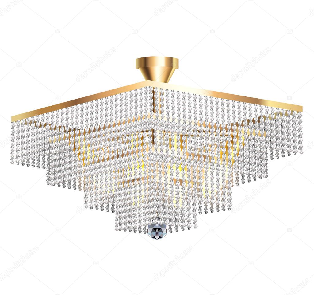 Illustration of a modern luminous chandelier with crystal pendants on a white background