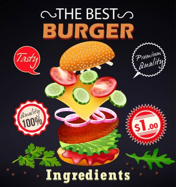 Çizim posteri marul, salatalık, domates, pirzola ve susamlı hamburgerin en iyisidir.