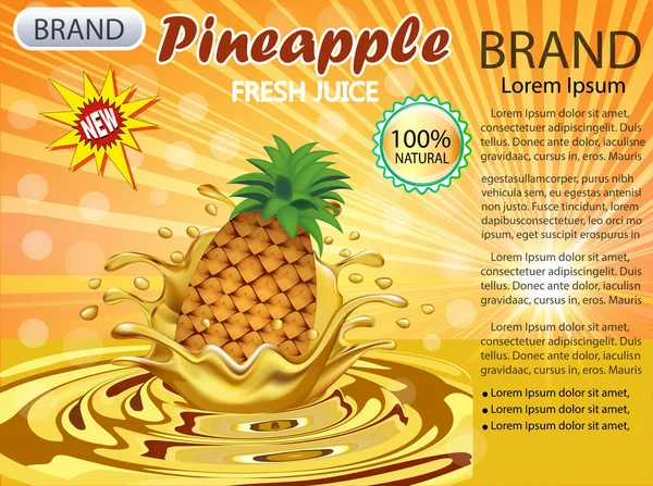 Illustrazione Una Spruzzata Succo Ananas Cadente Una Goccia — Vettoriale Stock