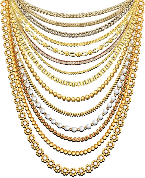 Illustration Set Gold Chains Beads Large Necklace — Stock Vector