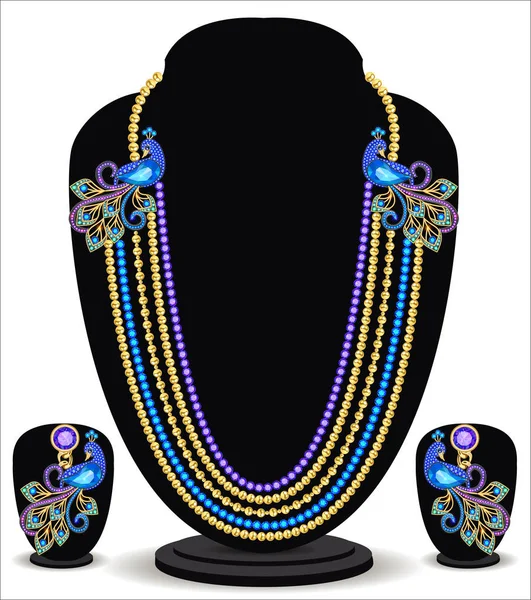 Conjunto Ilustración Collar Femenino Dorado Con Pavos Reales Pendientes — Archivo Imágenes Vectoriales