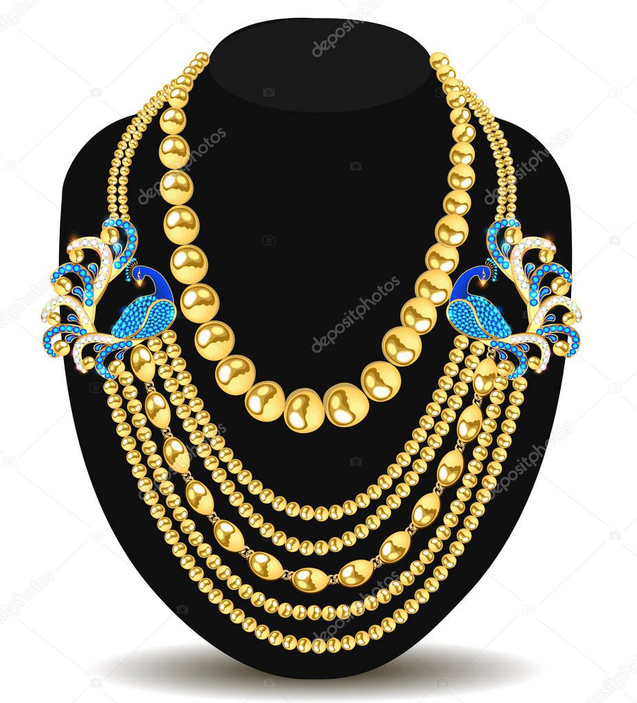 Illustration of a gold feminine necklace with peacock beads