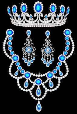 Mücevher seti İllüstrasyon. Diadem, kolye ve değerli taşlarla küpe.