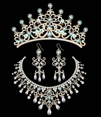 Mücevher seti İllüstrasyon. Diadem, kolye ve değerli taşlarla küpe.