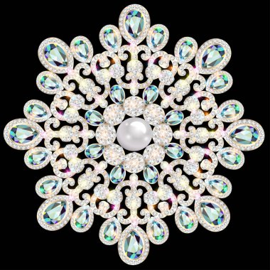 Broş takı, tasarım öğesi. Kabile etnik çiçek desenli mandala değerli taşlar ile yuvarlak. Geometrik vintage süs arka plan.