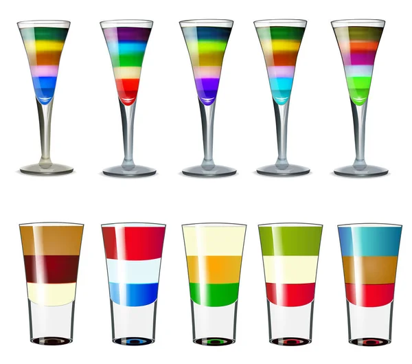 Illustration Set Geschichteter Alkoholischer Cocktails Verschiedenen Farben Auf Weißem Hintergrund — Stockvektor