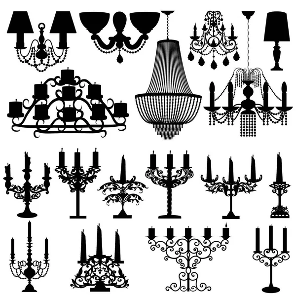 Illustration Set Silhouettes Candelabra Lamps Candlesticks Candles Crystal Chandeliers White — Stock Vector