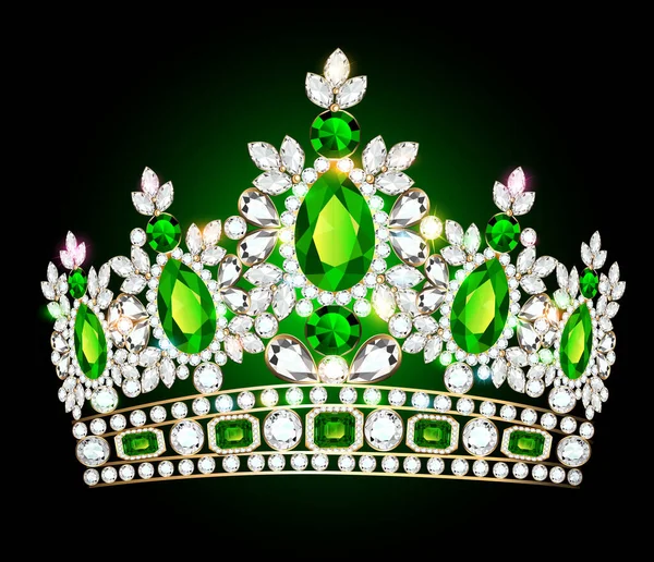 Illustration Beautiful Diadem Crown Female Emeralds Dark Background — Stock Vector