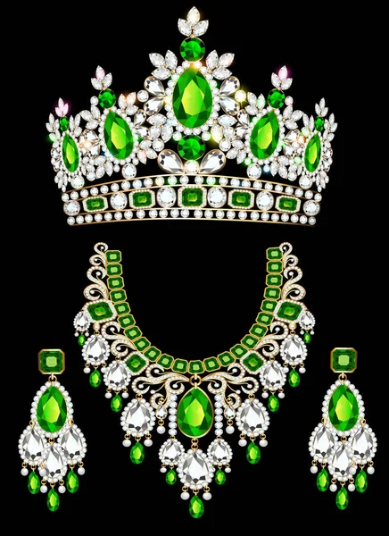 Ilustración Conjunto Brillantes Joyas Diadema Collar Pendientes Con Piedras Preciosas — Archivo Imágenes Vectoriales