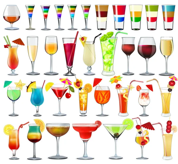 Illustration Set Different Bar Glasses Wine Different Cocktails Decorated Fruit — Stock Vector