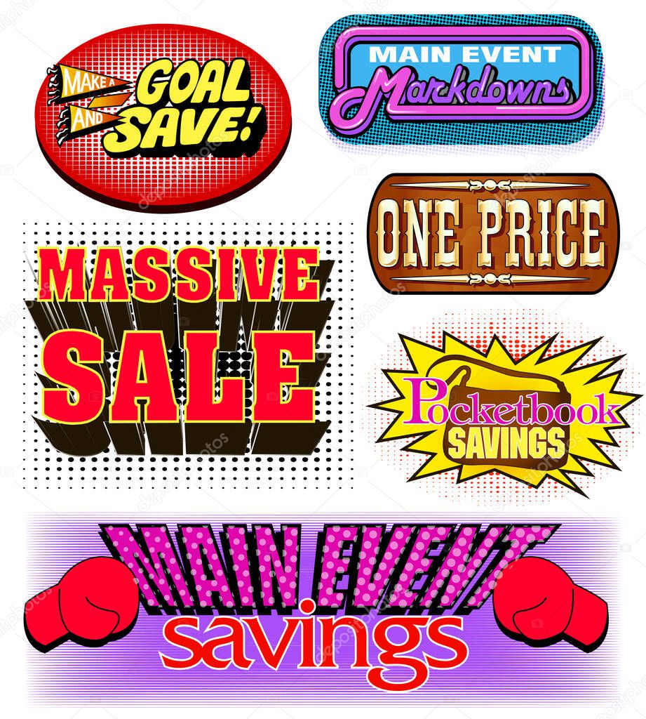 Illustration of a set of posters in the style of pop atr on the topic of sales, promotion, savings and pocket savings