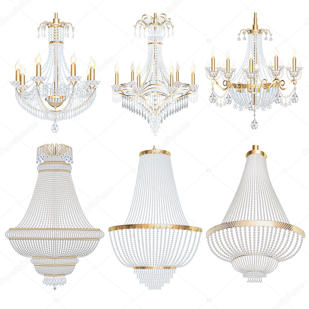 Illustration of a set of chandelier lamps fixtures with crystal pendants on a white background