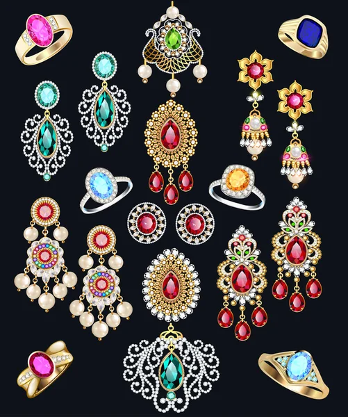 Illustration Set Jewelry Precious Stones Earrings Rings Pendants — Stock Vector