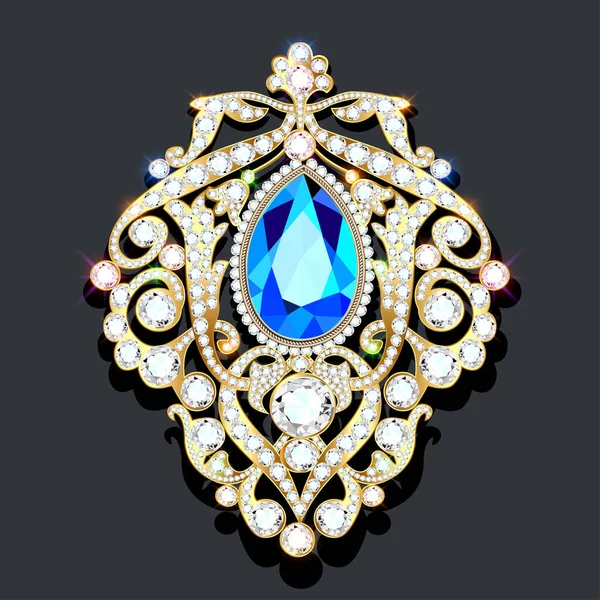 Illustration Gold Jewelry Brooch Pendant Precious Stones Pearls — 스톡 벡터