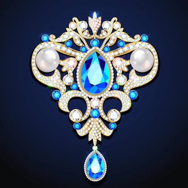 Illustration Gold Jewelry Brooch Pendant Precious Stones Pearls — 스톡 벡터