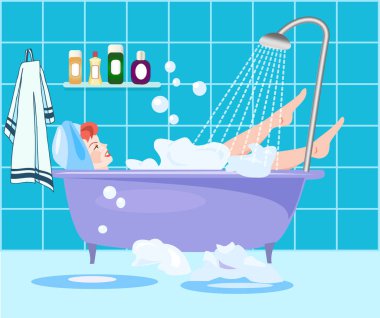 Köpük ve duşla banyo yapan bir kızın resmi.