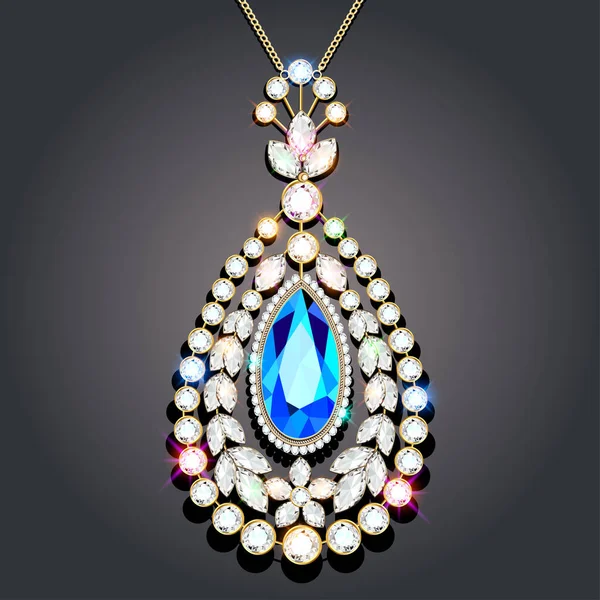 Illustration Gold Jewelry Brooch Pendant Precious Stones Pearls — 스톡 벡터
