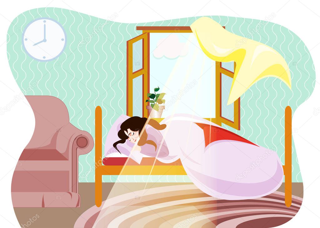 Illustration of a girl sleeping on a bed near the window in which the rays of the sun shine