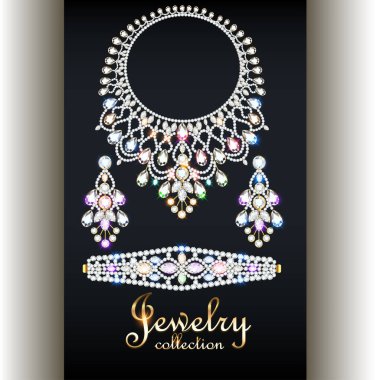 Zarif kolye, küpeler ve değerli taşlı bilezik ve yazılı mücevher koleksiyonu..