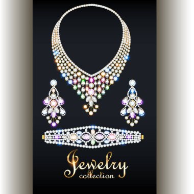 Zarif kolye, küpeler ve değerli taşlı bilezik ve yazılı mücevher koleksiyonu..